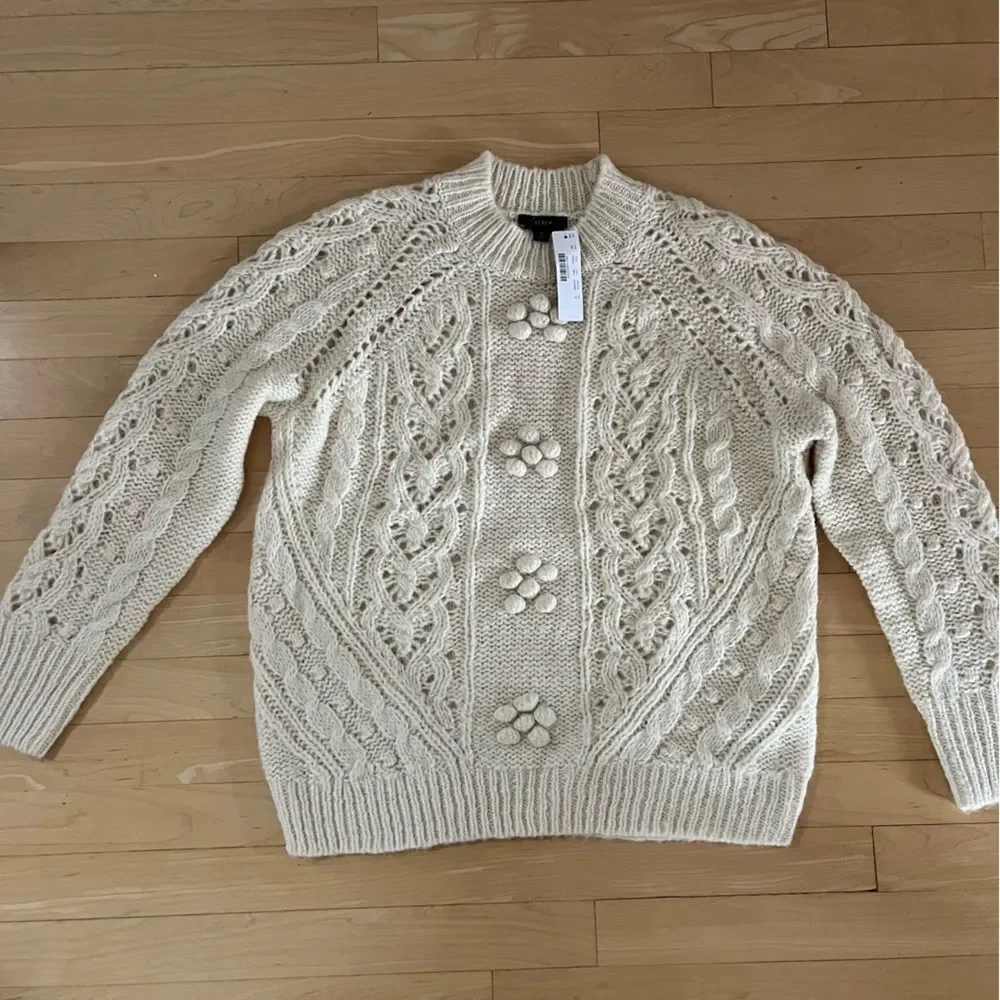 J. Crew Cable-knit Pointelle Sweater with Popcorn Flowers in Warm Ivory S NWT